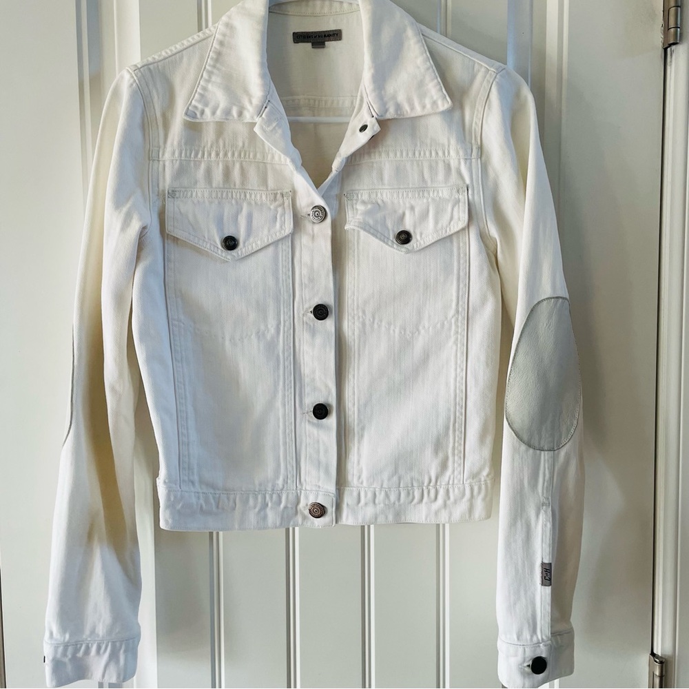 Citizens of Humanity White Denim Jacket Elbow Patch Raw Hem Jerome Dahan | Small